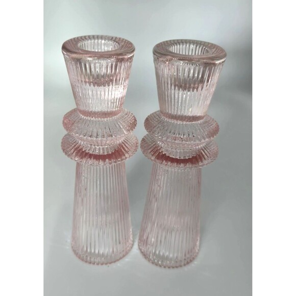 Pink Glass Ribbed Column Taper Candle Stick Holders Bud Vases Pair 6.25" MCM - Picture 1 of 9